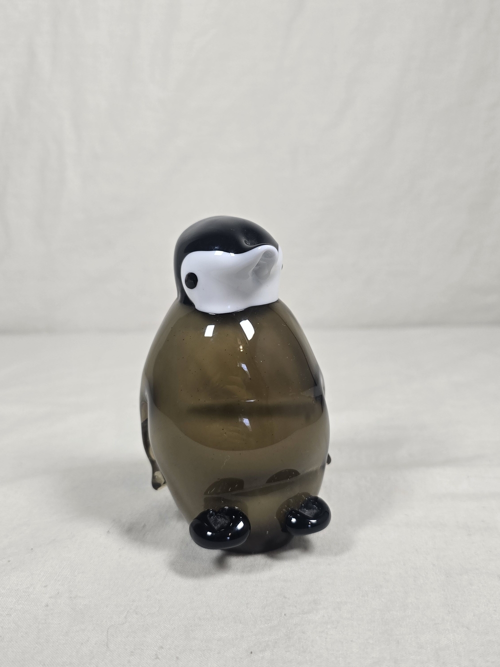 Vintage Art Glass Penguin Figurine Paperweight Smoky Black White Hand Blown